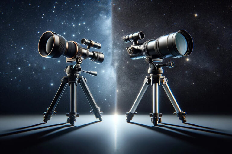 Dwa teleskopy ustawione na statywach, skierowane w stronę rozgwieżdżonego nieba.