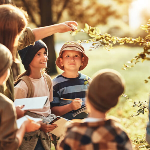 Dzieci na zewnątrz, uczące się o przyrodzie z nauczycielem, w parku oświetlonym słońcem.
