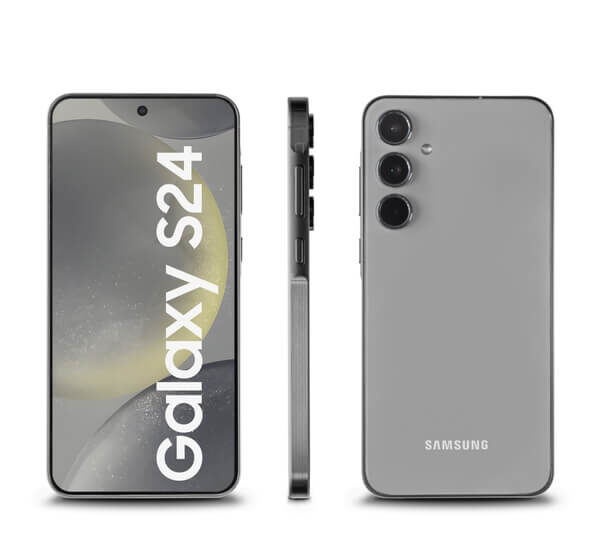 Smartfon Samsung Galaxy S24 przedstawiony z przodu, z boku i z tyłu; z przodu widoczny wyświetlacz z napisem "Galaxy S24", z tyłu trzy obiektywy aparatu i logo Samsung.