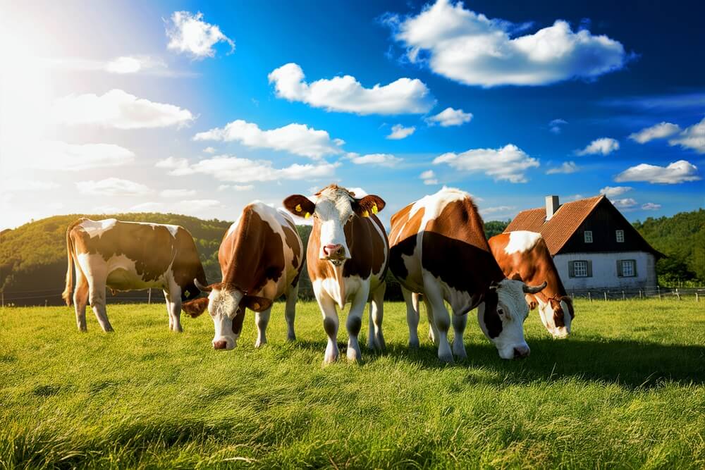 Cztery krowy na zielonej łące przy słonecznej pogodzie, z domem w tle i niebem pełnym białych chmur.