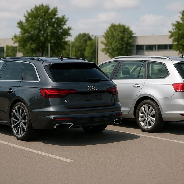 Dwa samochody w wersji kombi zaparkowane na parkingu: czarny Audi A4 i srebrny Passat, tło z drzewami i budynkami.