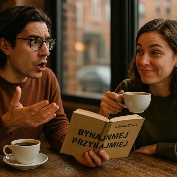 Mężczyzna i kobieta siedzą przy stoliku w kawiarni i dyskutują; on gestykuluje, a ona trzyma filiżankę kawy i książkę zatytułowaną 'Gramatyka Bynajmniej Przynajmniej'.