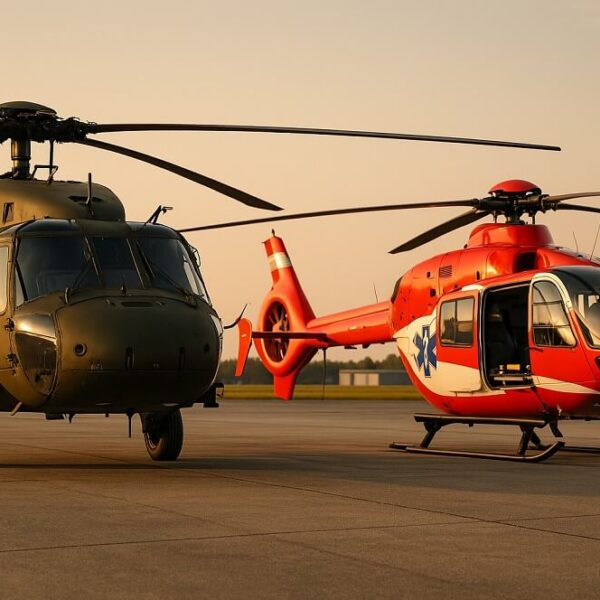 Dwa helikoptery stoją na lotnisku o zachodzie słońca; po lewej wojskowy helikopter w kolorze zielonym, a po prawej czerwony helikopter ratunkowy z symbolem gwiazdy życia.