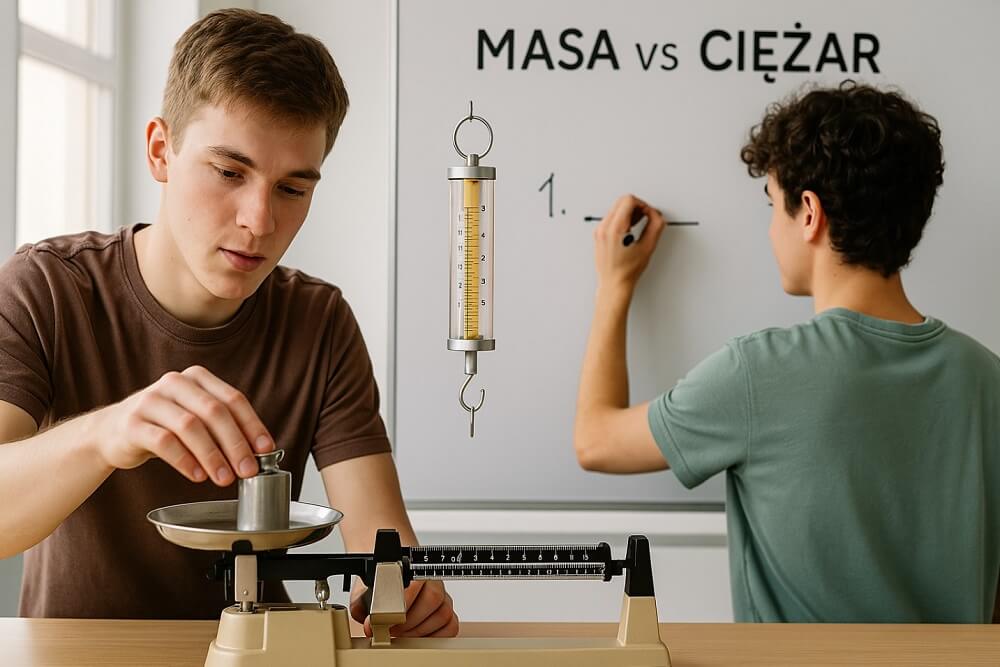 Dwóch chłopców w szkolnej klasie; jeden używa wagi szalkowej do ważenia odważników, drugi pisze na tablicy z napisem 'MASA vs CIĘŻAR'.