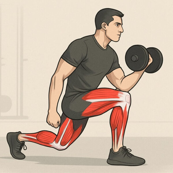 Ilustracja przedstawiająca mężczyznę wykonującego wykroki z hantlami, z zaznaczonymi mięśniami nóg na czerwono.