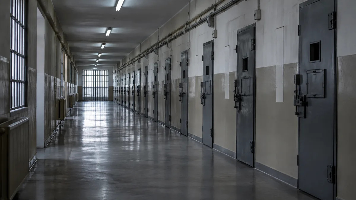 Długi korytarz zakładu penitencjarnego z rzędem zamkniętych metalowych drzwi cel, chłodne światło