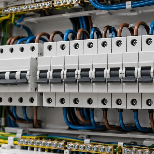 Otwarta domowa rozdzielnica elektryczna z rzędem wyłączników nadprądowych (eski) na szynie DIN, bez czytelnych napisów