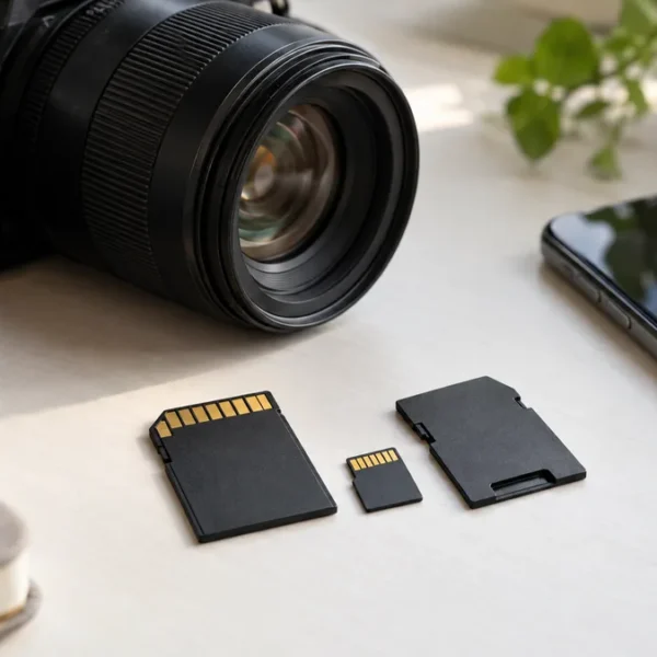 Zbliżenie: pełnowymiarowa karta pamięci SD obok małej karty microSD i adaptera na jasnym biurku, obok aparat fotograficzny i smartfon
