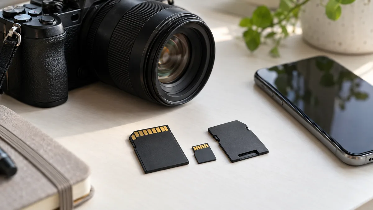 Zbliżenie: pełnowymiarowa karta pamięci SD obok małej karty microSD i adaptera na jasnym biurku, obok aparat fotograficzny i smartfon