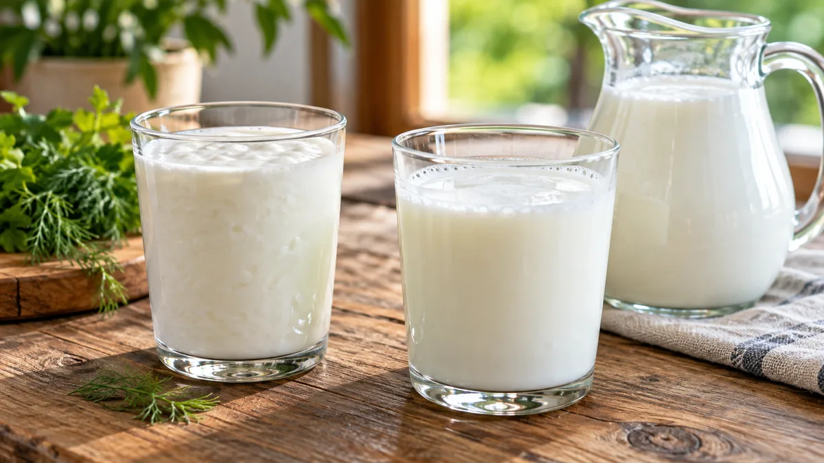 Dwie szklanki napojów mlecznych na drewnianym stole: po lewej gęsty kefir, po prawej rzadsza maślanka, obok dzbanek