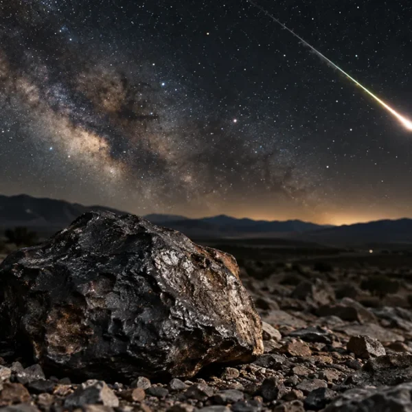 Nocne niebo z jasną smugą spadającego meteoru nad krajobrazem, a na pierwszym planie na ziemi ciemny, nadtopiony kamień – meteoryt