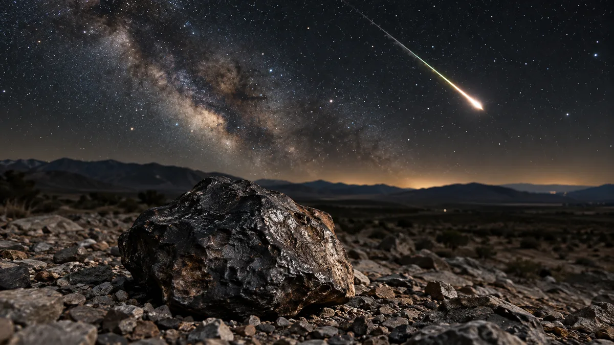 Nocne niebo z jasną smugą spadającego meteoru nad krajobrazem, a na pierwszym planie na ziemi ciemny, nadtopiony kamień – meteoryt