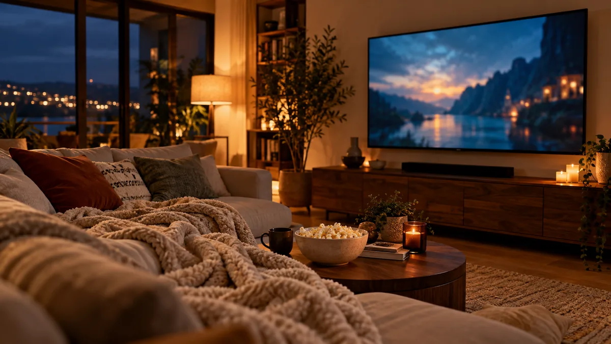 Przytulny salon wieczorem: telewizor na ścianie z rozmytym kadrem filmowym, kanapa, koc i miska popcornu