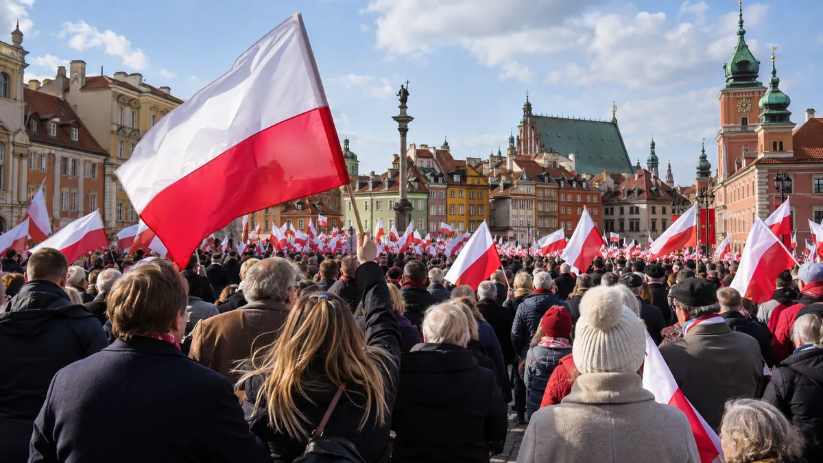 Tłum ludzi z biało-czerwonymi flagami na rynku starego polskiego miasta z kolorowymi kamienicami podczas święta narodowego