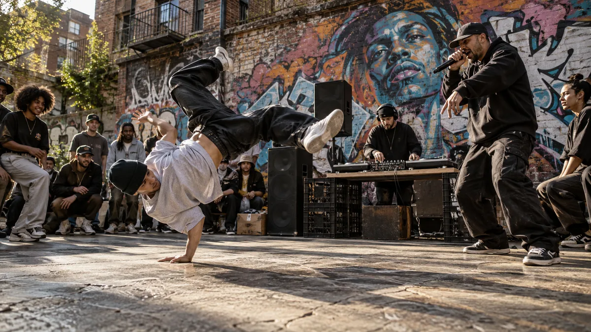 Scena kultury hip-hop na miejskim podwórku: kolorowe graffiti na murze, DJ z gramofonami, tancerz breakdance w ruchu i raper z mikrofonem