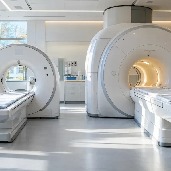Dwa urządzenia diagnostyczne w jasnej, nowoczesnej pracowni szpitalnej: po lewej tomograf komputerowy (cienki pierścień gantry, krótki), po prawej rezonans…